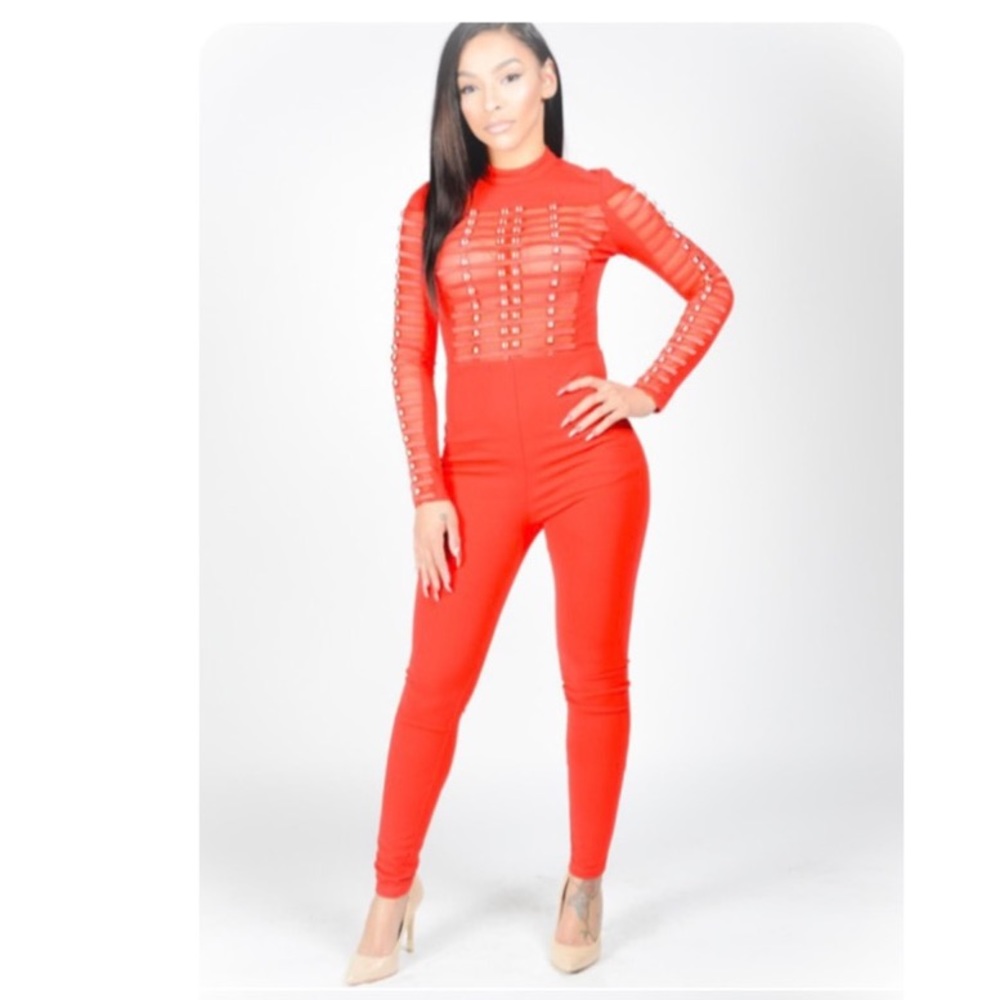 Long Sleeve Red Gold Studded Bodysuit